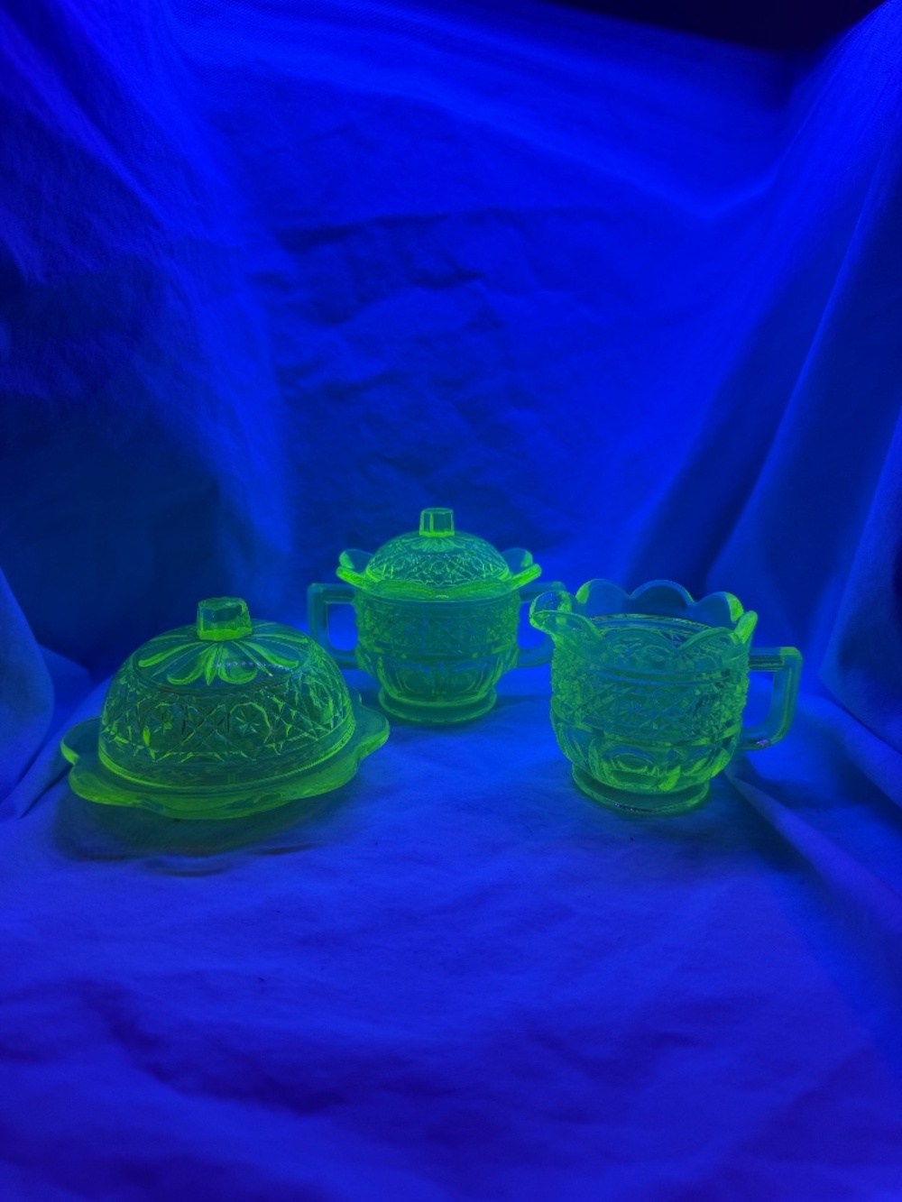 Vintage Uranium Glass Creamer, Sugar Bowl w/ Lid & Covered Butter Dish
